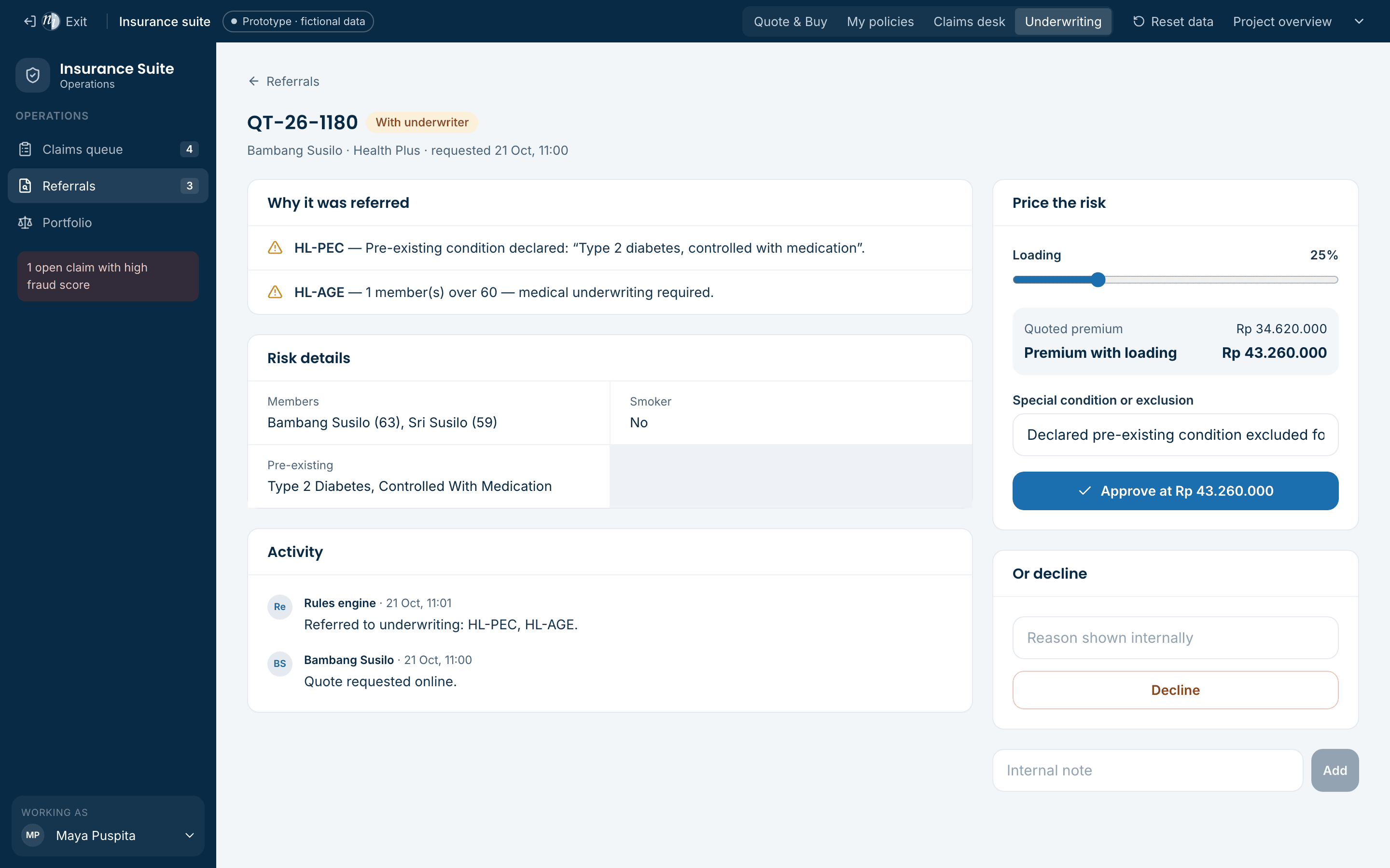 Underwriting referral with rules and a loading slider