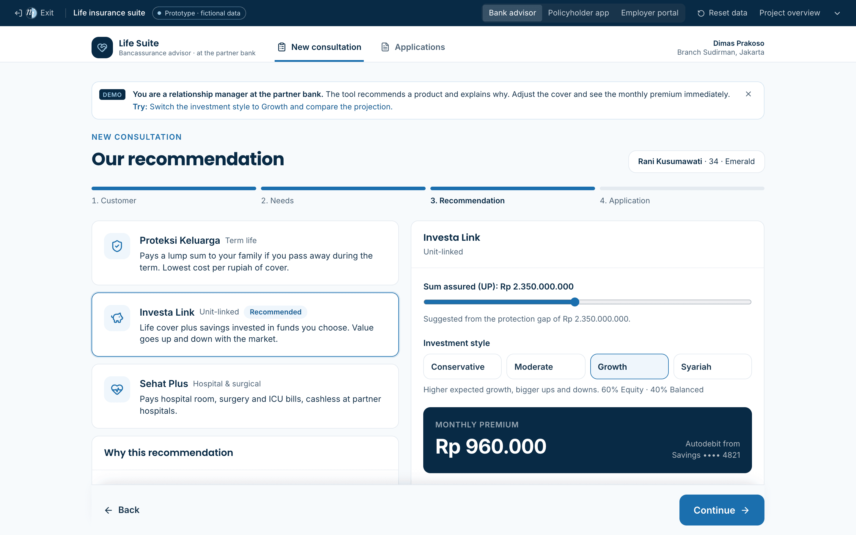 Recommendation with monthly premium and an illustrated savings projection