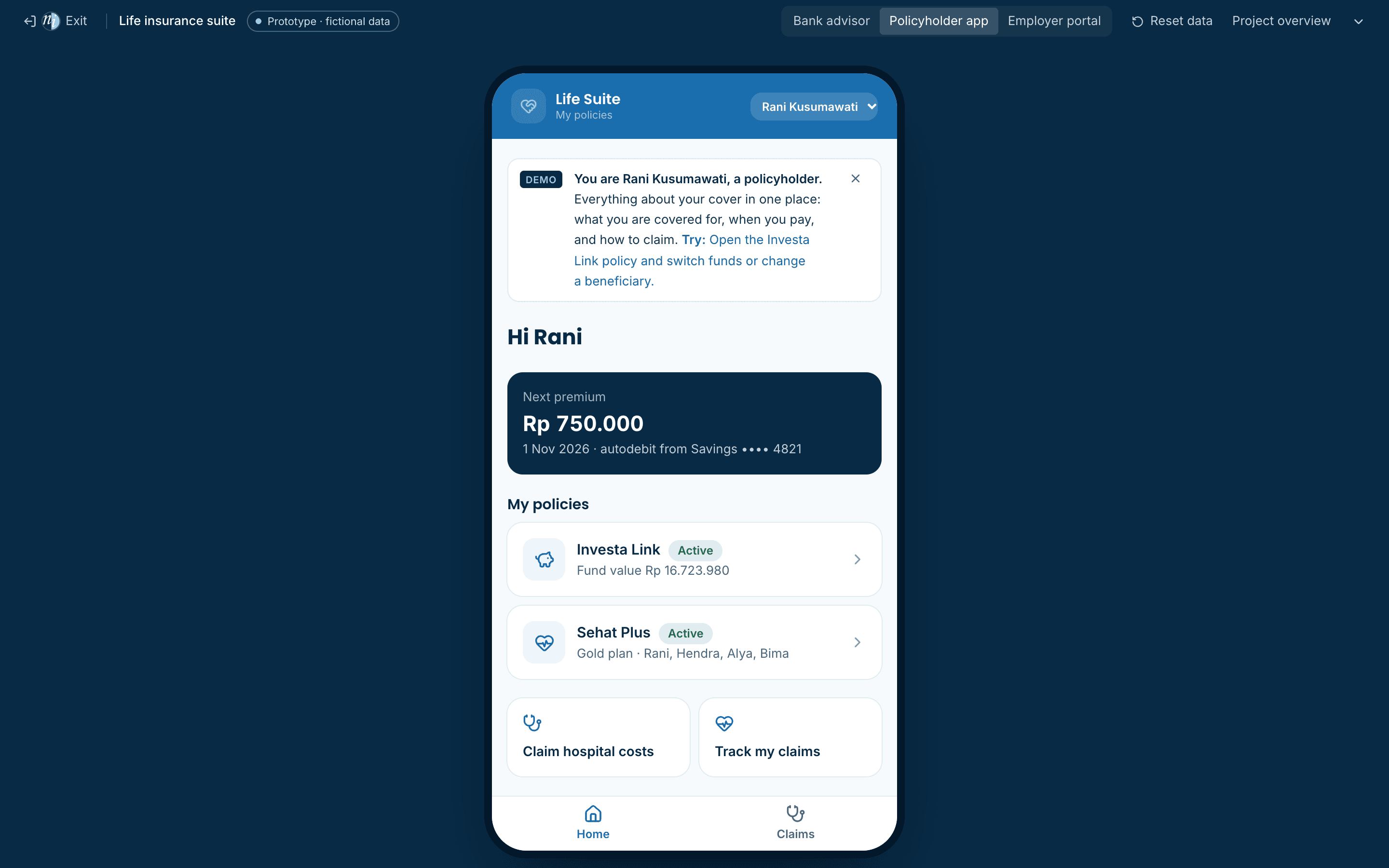 Policyholder app home with policies and next premium