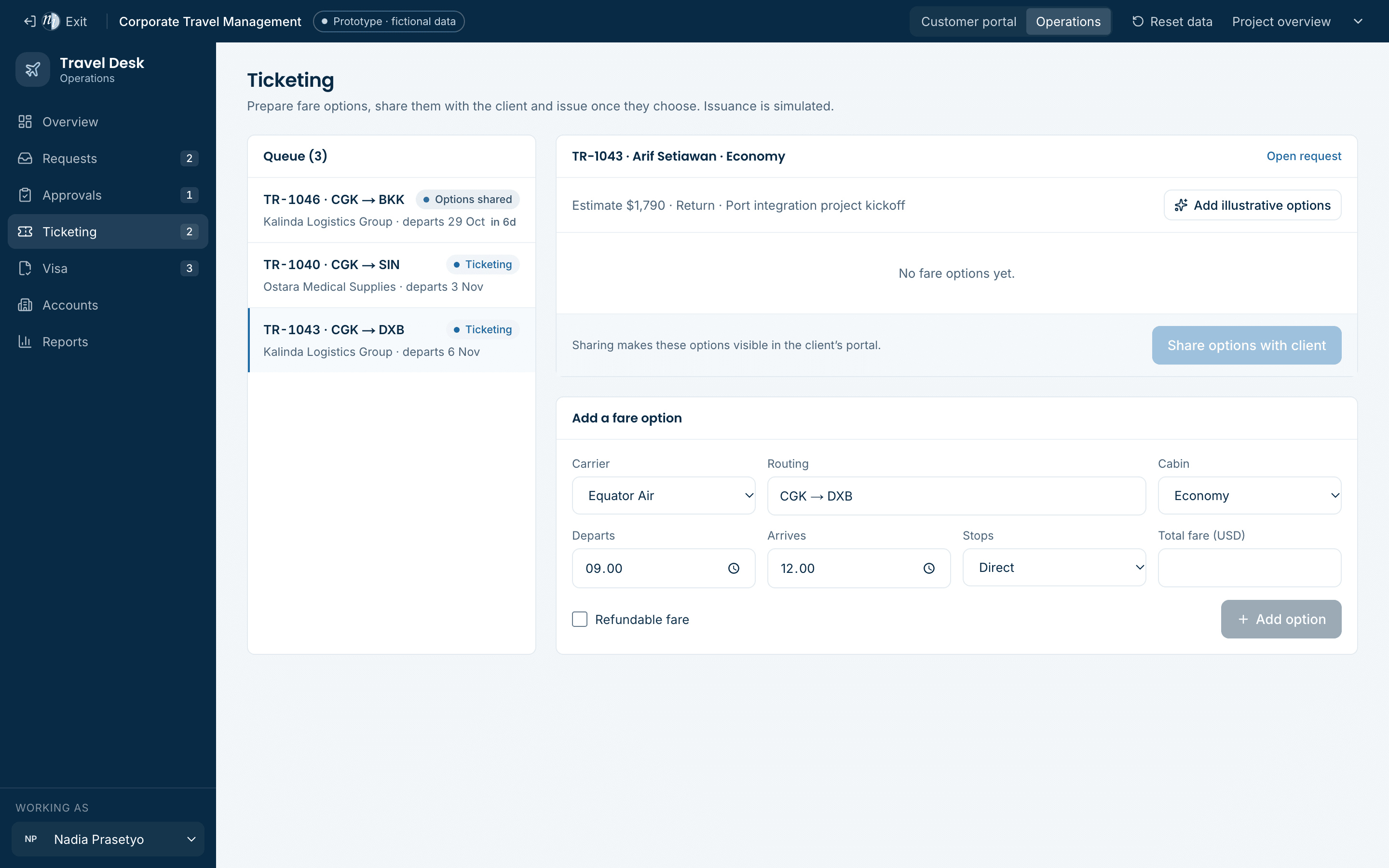 Ticketing workspace where an agent prepares fare options for a request