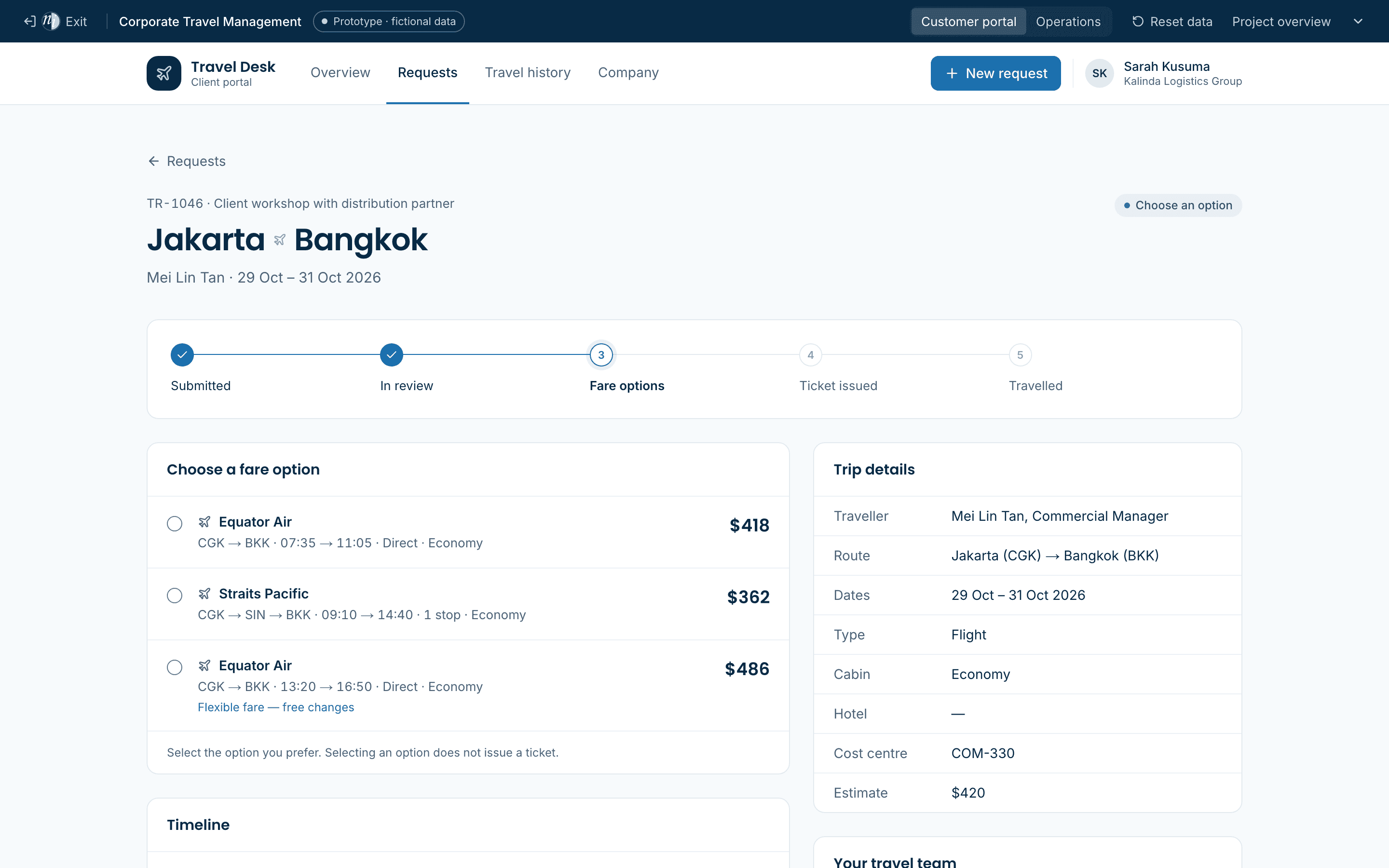 Customer request detail with a status tracker and fare options shared by the travel team