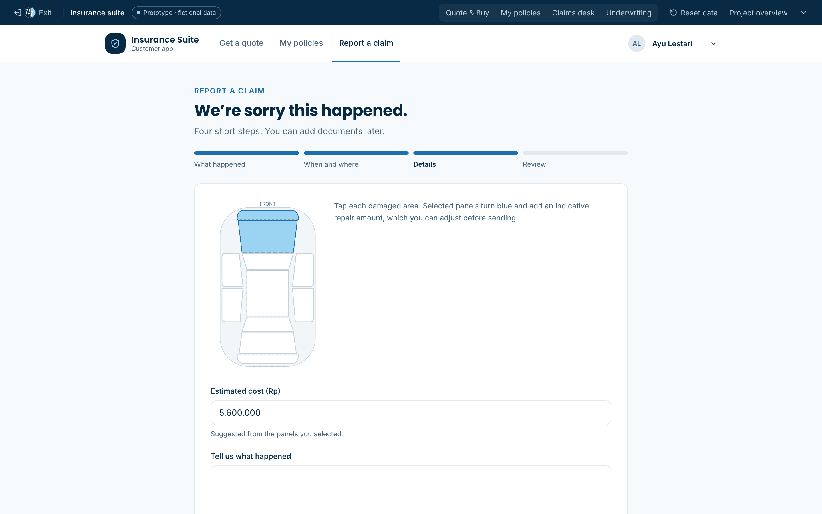 Claim reporting step with a clickable car damage diagram