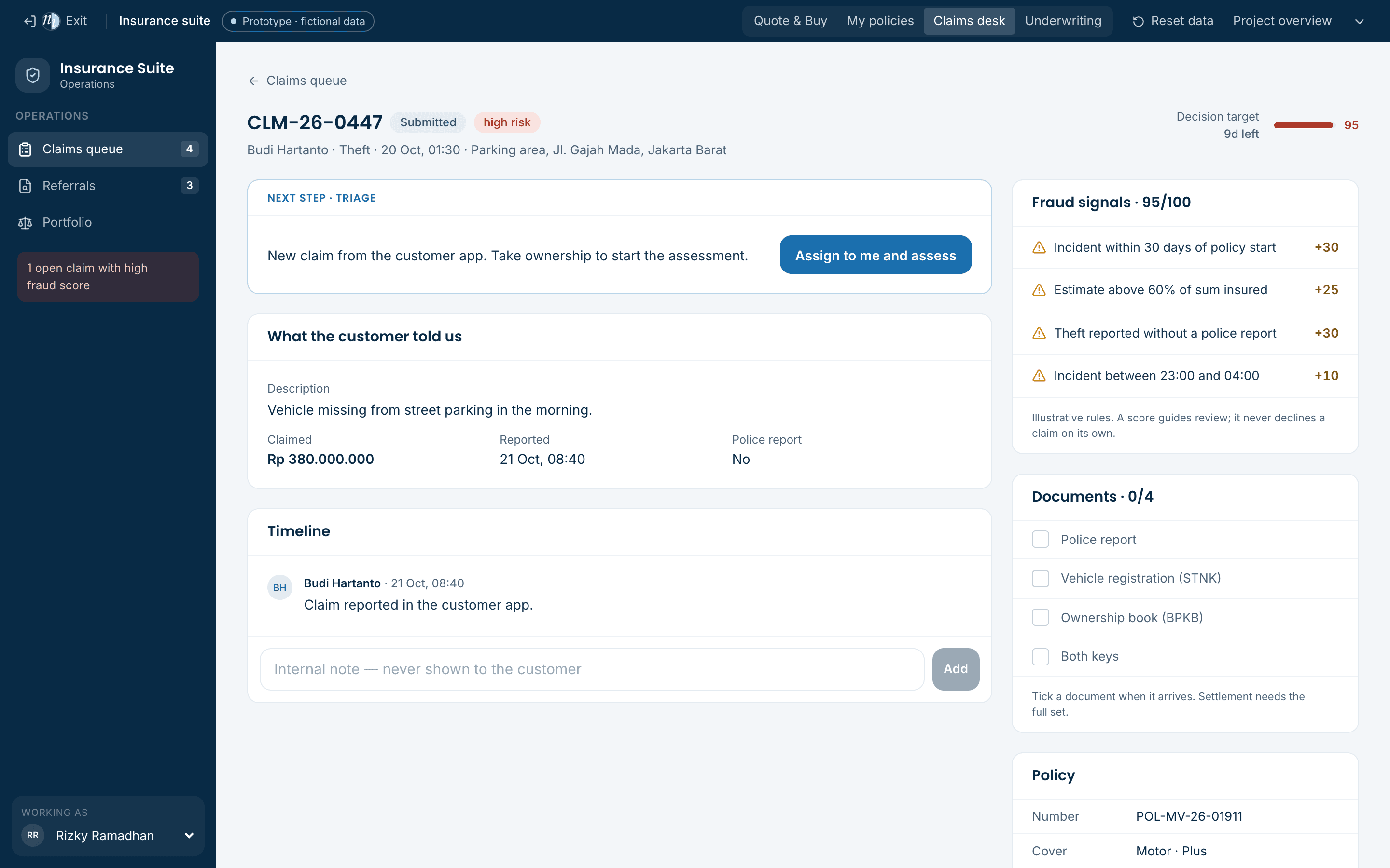 Claim workbench with fraud signals and decision panel