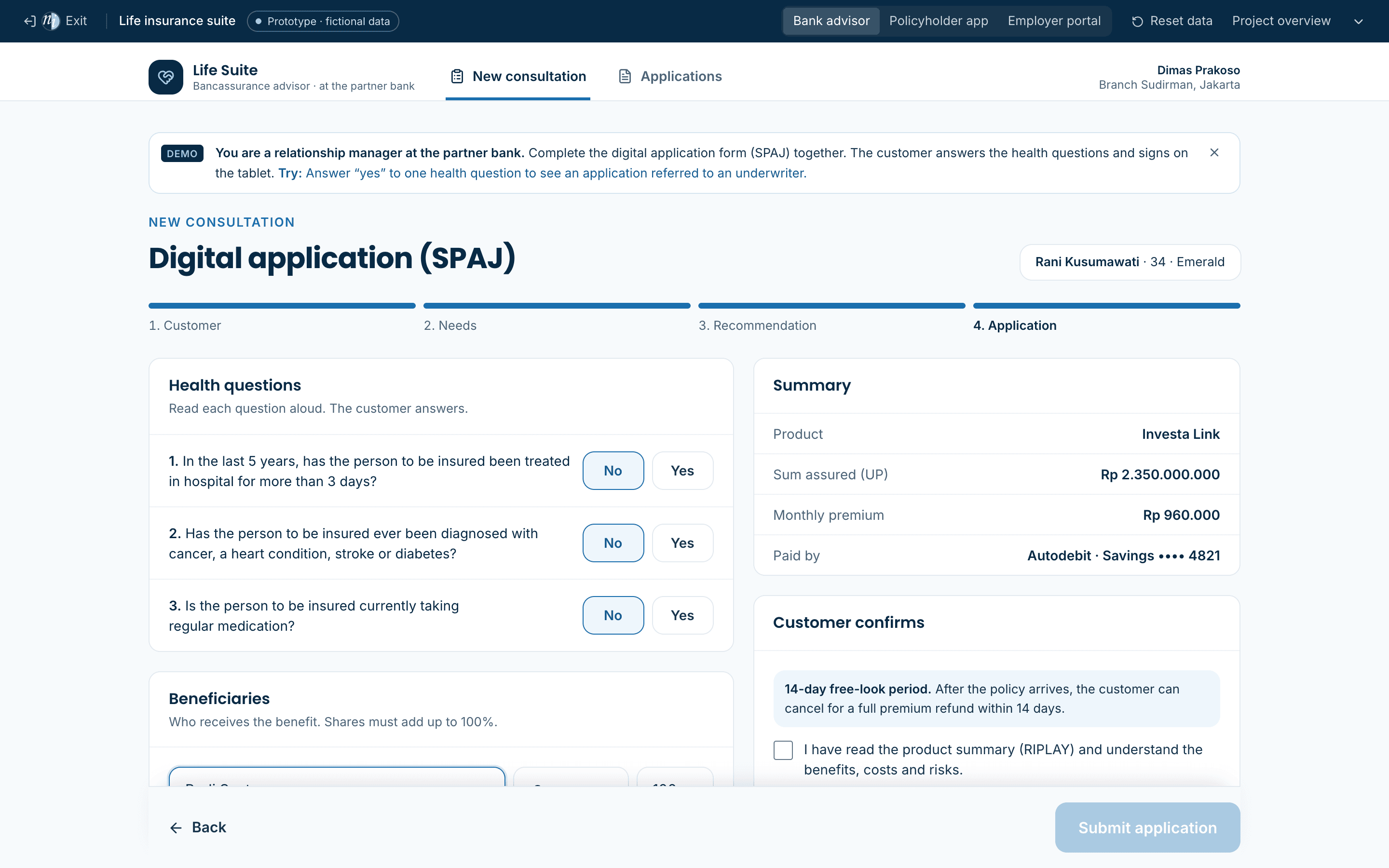 Digital application with health questions, beneficiaries and a signature pad