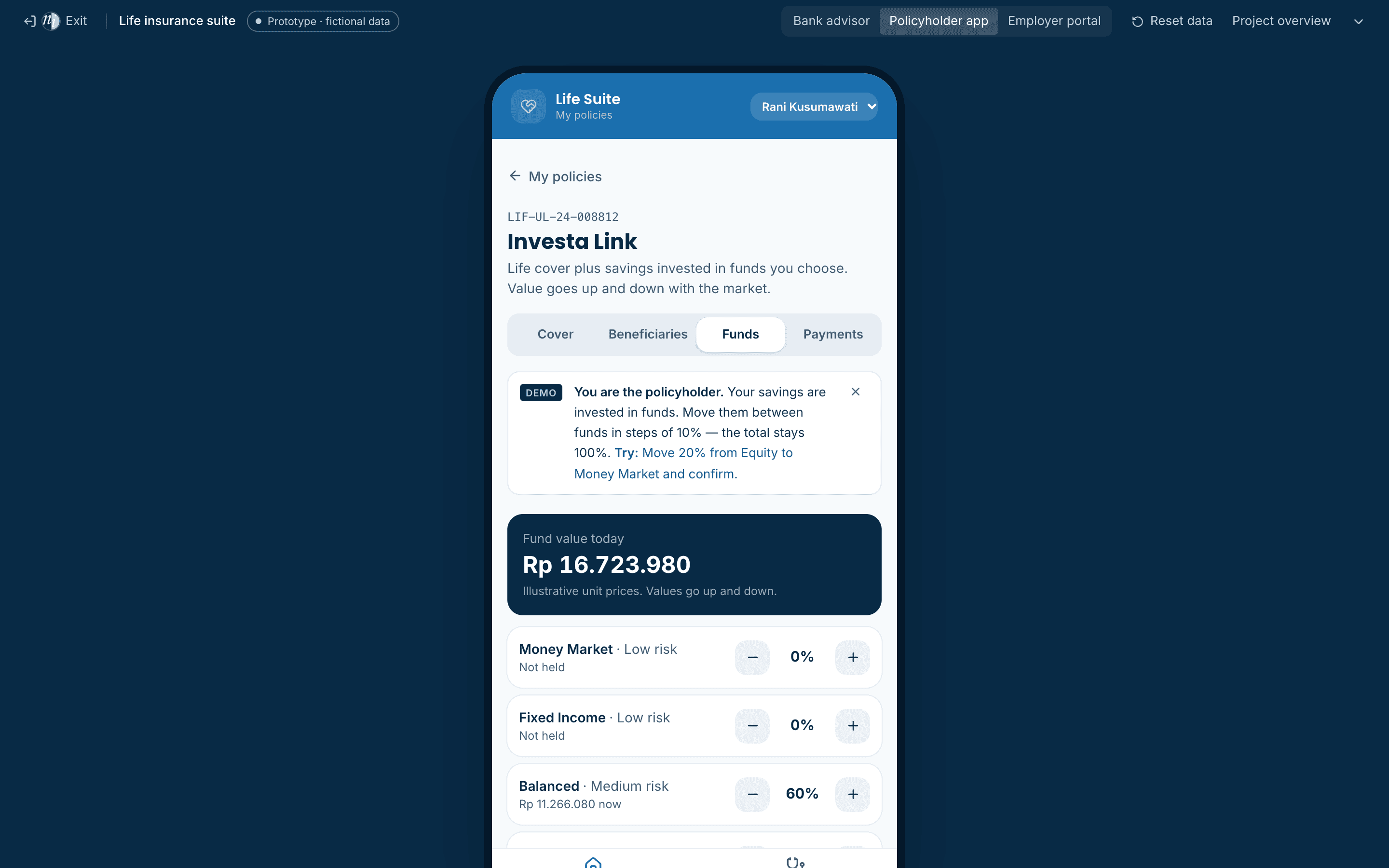 Fund switching screen in the policyholder app