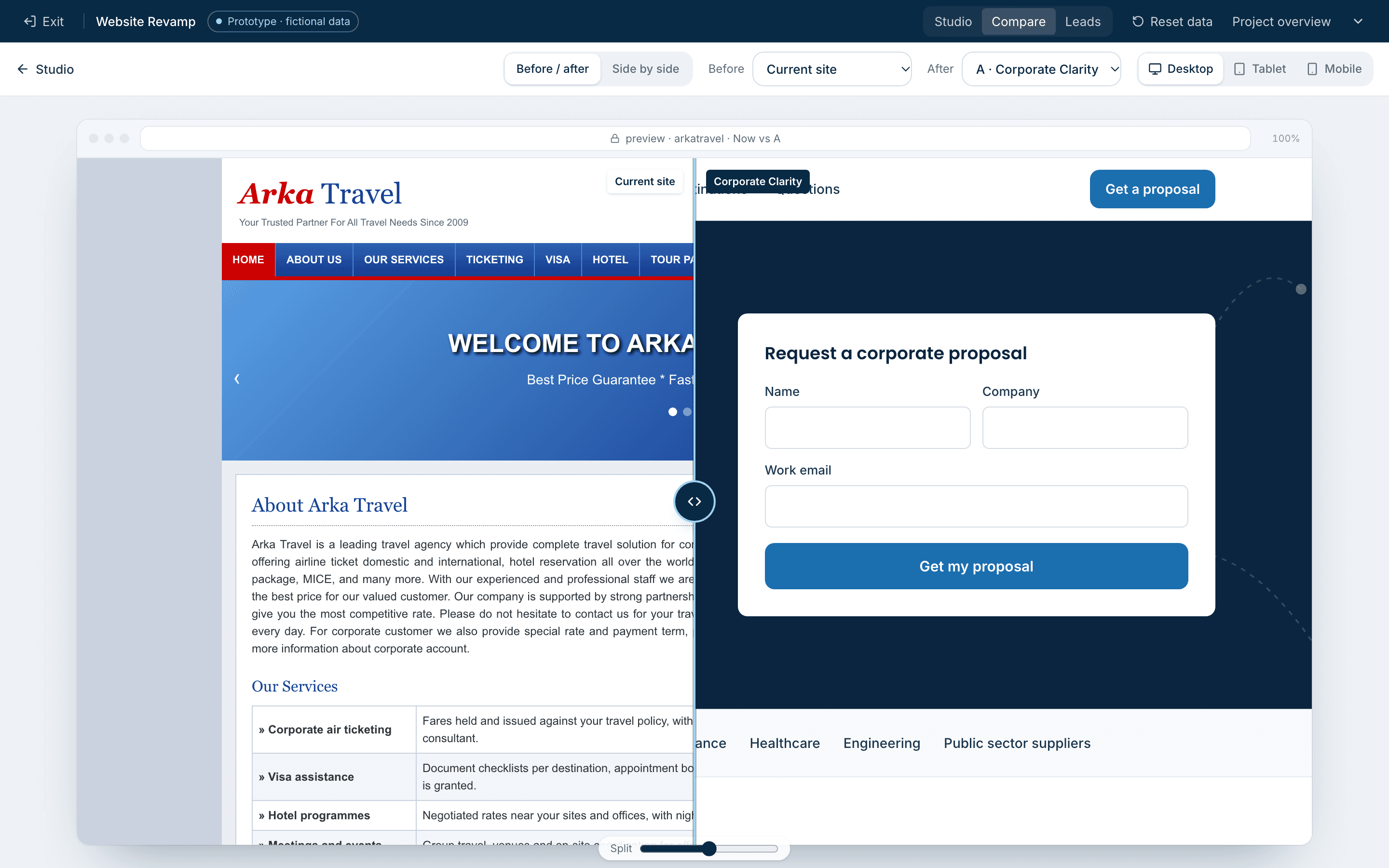 Before and after slider comparing the current site with a redesign