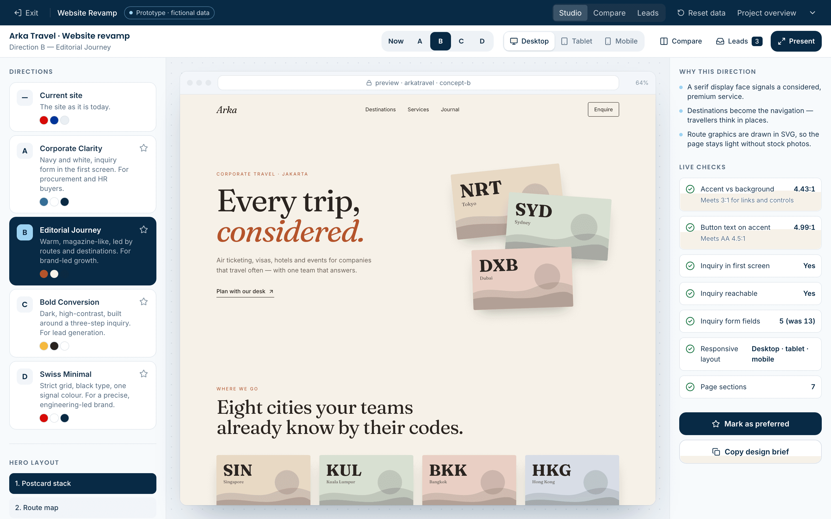 Direction B, Editorial Journey, with a serif headline and destination postcards